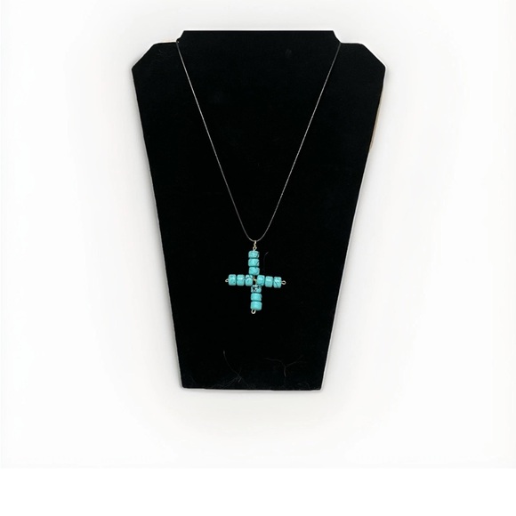 Beaded Cross Pendant Handmade Blue Beads Religious Jewelry - Picture 4 of 5